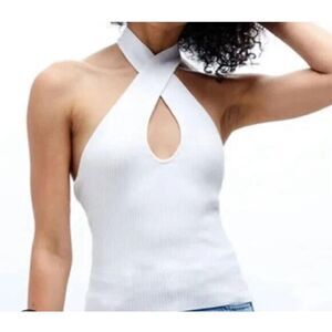 Minkpink White Halter Cross Over Tank Top Ribbed Cutout Medium NWT Coastal Sexy